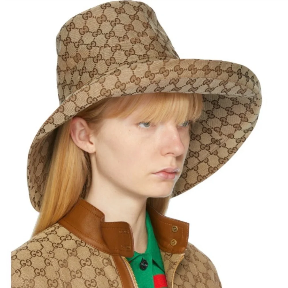 Gucci Beige GG Monogram Bucket Hat Wide Large Brim Tan Canvas Jacquard Logo - Picture 5 of 16